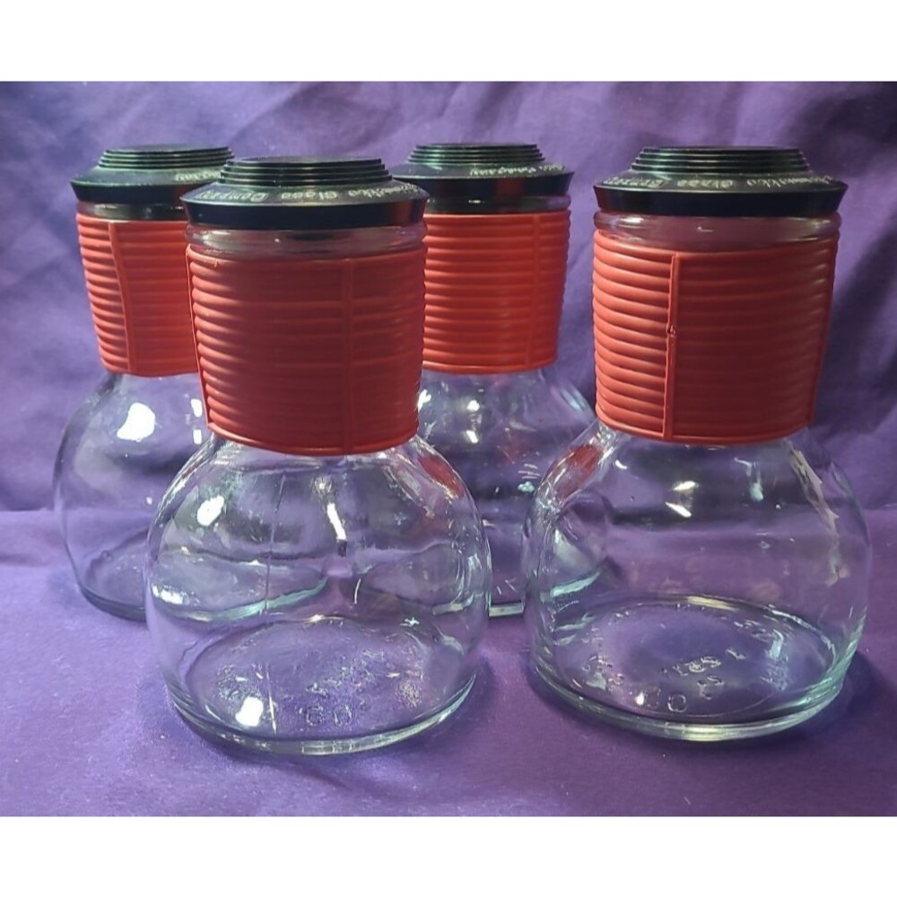 4 Vintage "Hottle" Carafe The Jeannette Glass Co. Clear w/Red Neck Band 5" J2517
